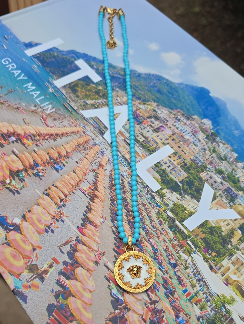 Versace Turquoise Beaded Necklace with Gold Medallion - Picture 5 of 8